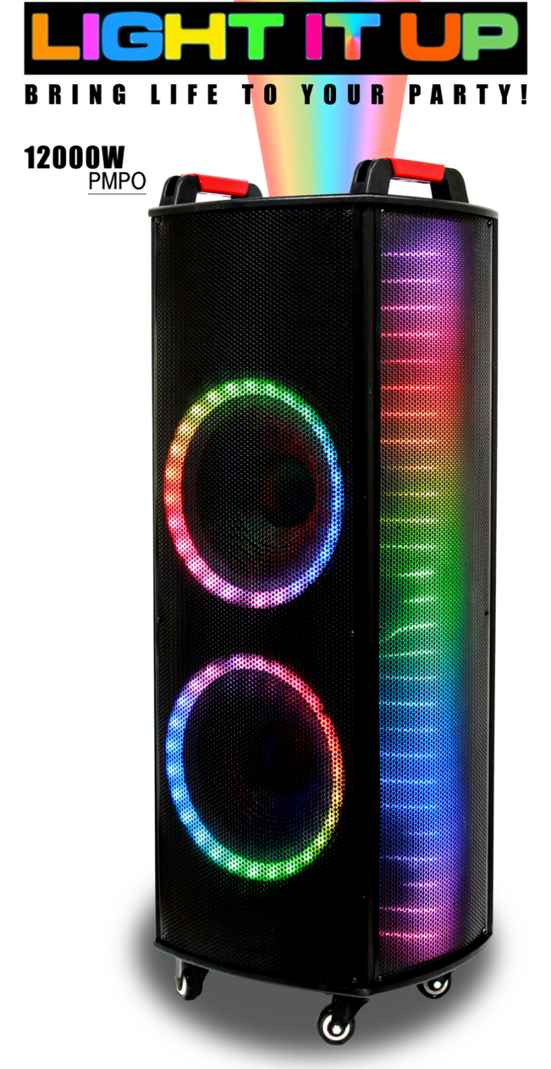 12000 WATTS dual 12 inch high power rechargeable Bluetooth karaoke speaker+LEDs