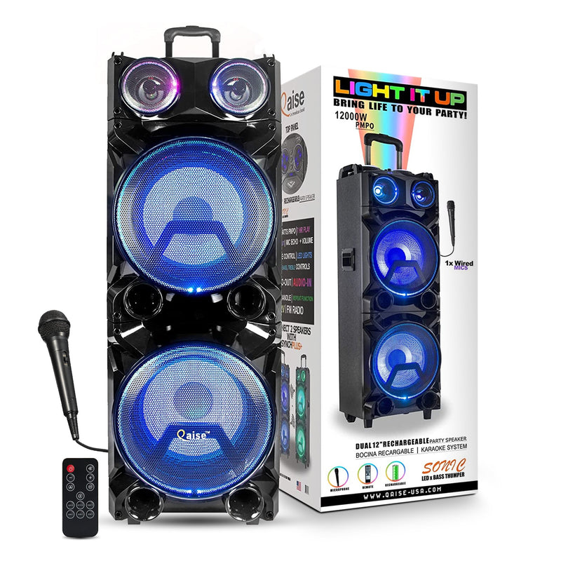 12000W Rechargeable Bluetooth Party Speaker Karaoke Machine PA System with Deep Bass & Neon Tube Lights. For Parties and Events. Qaise Bass Thumper