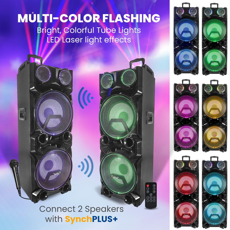 12000W Rechargeable Bluetooth Party Speaker Karaoke Machine PA System with Deep Bass & Neon Tube Lights. For Parties and Events. Qaise Bass Thumper