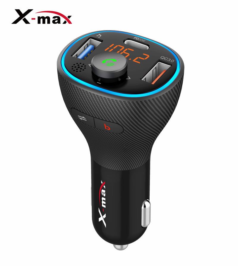 HD Bluetooth FM transmitter with 36W output power with bass booster. USB-A and USB-C output
