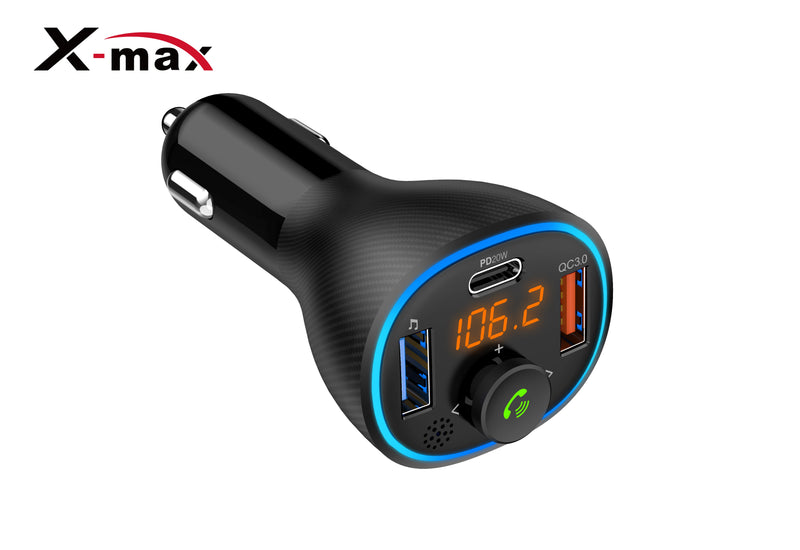 HD Bluetooth FM transmitter with 36W output power with bass booster. USB-A and USB-C output