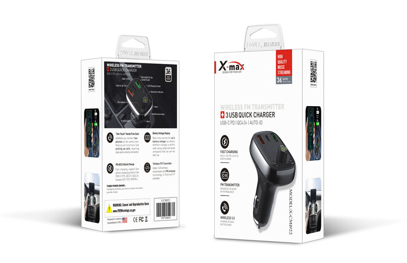 HD Bluetooth FM transmitter with 36W output power. USB-A and USB-C output