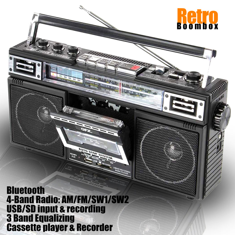 RetroBox- Bluetooth ReRun X Cassette Player Boombox with 4-Band Radio, MP3 Converter, and Recorder