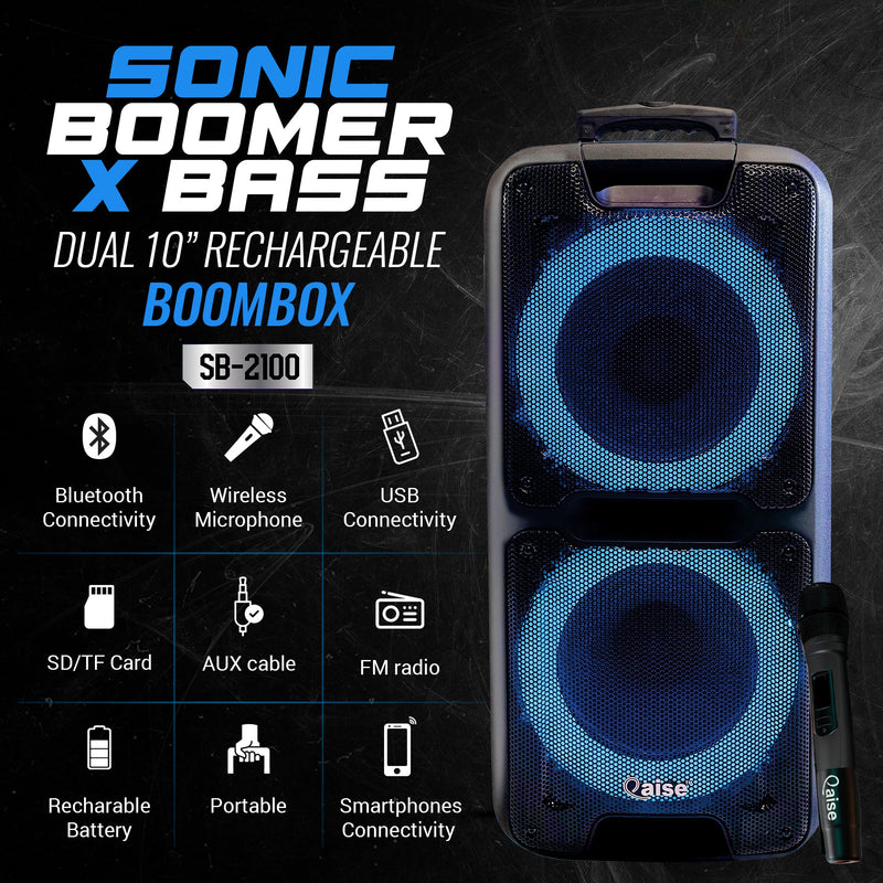 SonicBoomer X-BASS Portable Bluetooth Party Speaker, Dual 10” woofers with Lights, Wireless microphone and 7+ hrs play time.