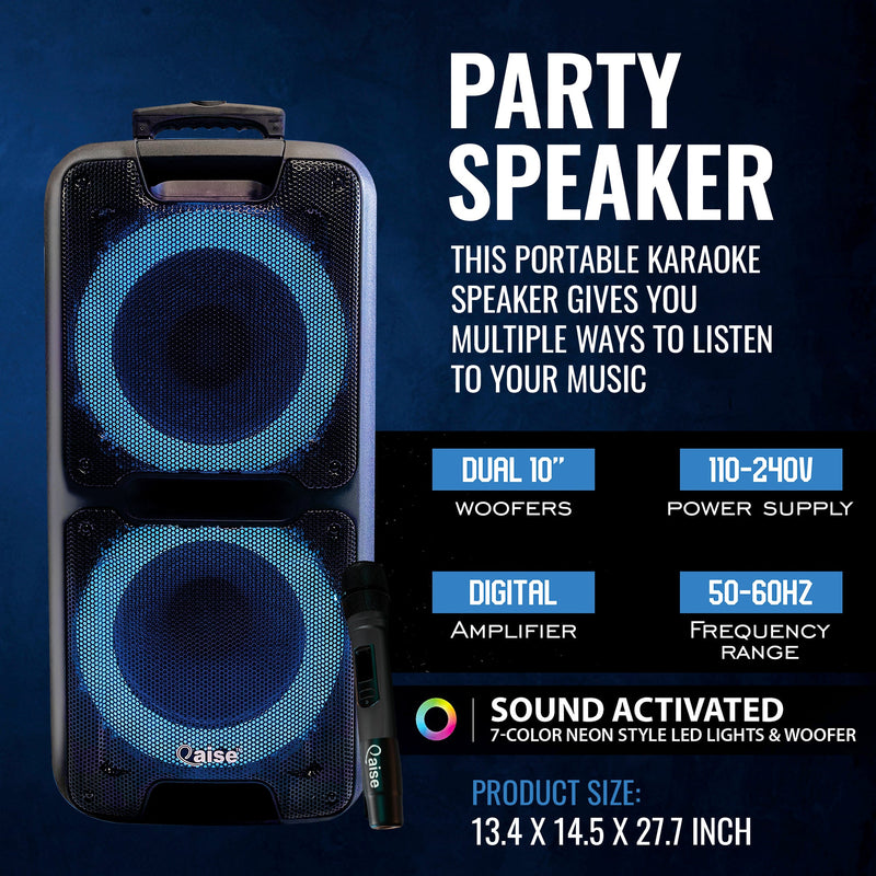 SonicBoomer X-BASS Portable Bluetooth Party Speaker, Dual 10” woofers with Lights, Wireless microphone and 7+ hrs play time.