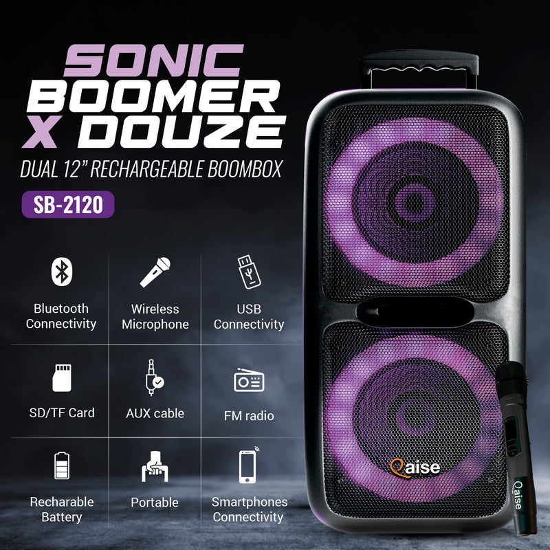 SonicBoomer X DOUZE Portable Bluetooth Party Speaker, Dual 12” woofers with Lights, Wireless microphone, 7+ hours play time, 6000 watts peak power