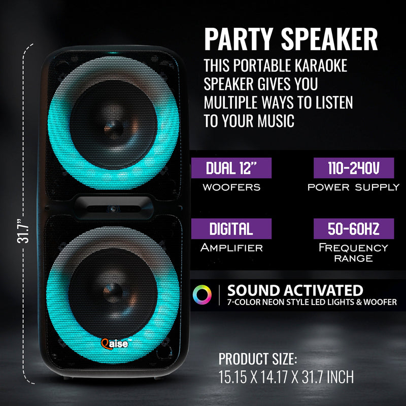 SonicBoomer X DOUZE Portable Bluetooth Party Speaker, Dual 12” woofers with Lights, Wireless microphone, 7+ hours play time, 6000 watts peak power