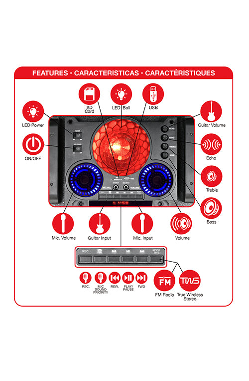 QFX 12" DJ Speaker with Surround Lights, Rechargeable bluetooth karaoke system