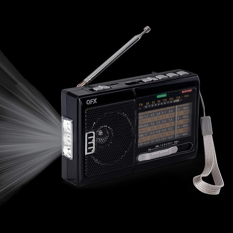 QFX R-39e AM/FM/SW Radio with Flashlight and USB/TF Player