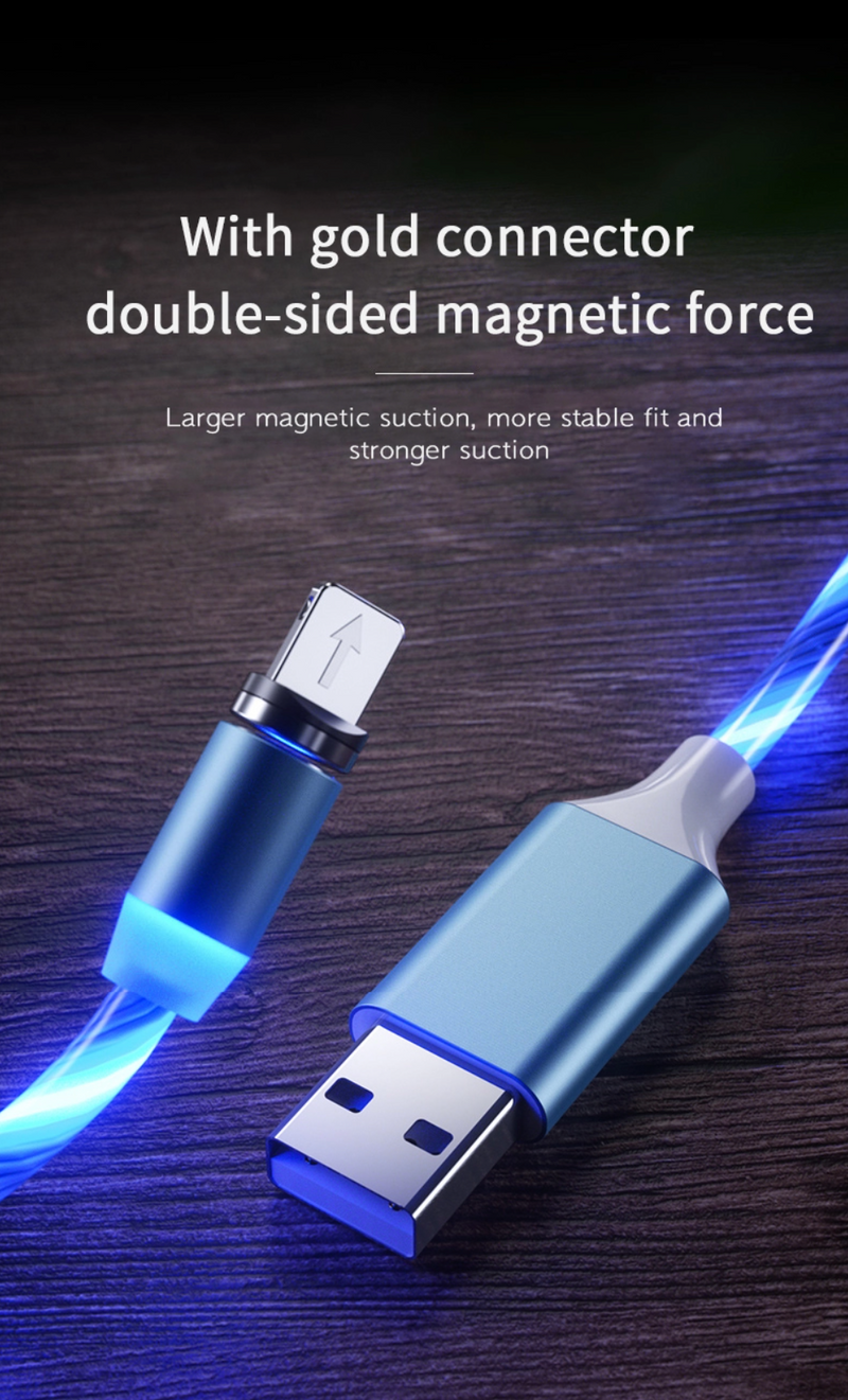 3ft long magnetic tip data cable with LED lights for Apple lightning, Type C or Micro USB