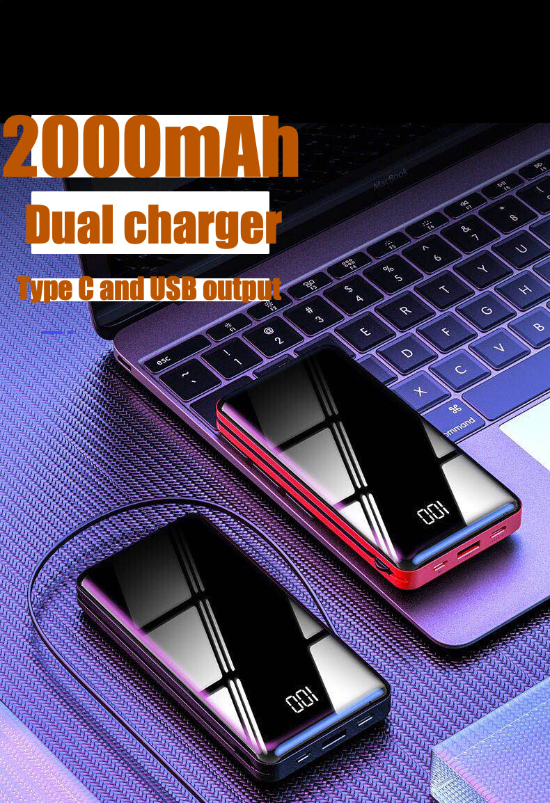 20000 mAh Power bank 5V 2A outputs with 2 charging cables