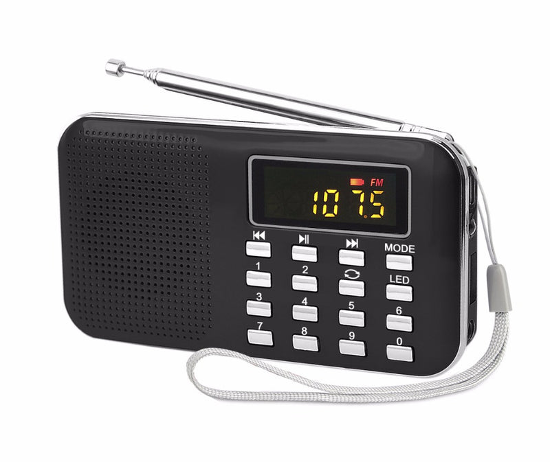 Pocket size AM/FM radio with desktop stand and sling