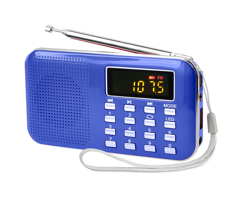 Pocket size AM/FM radio with desktop stand and sling