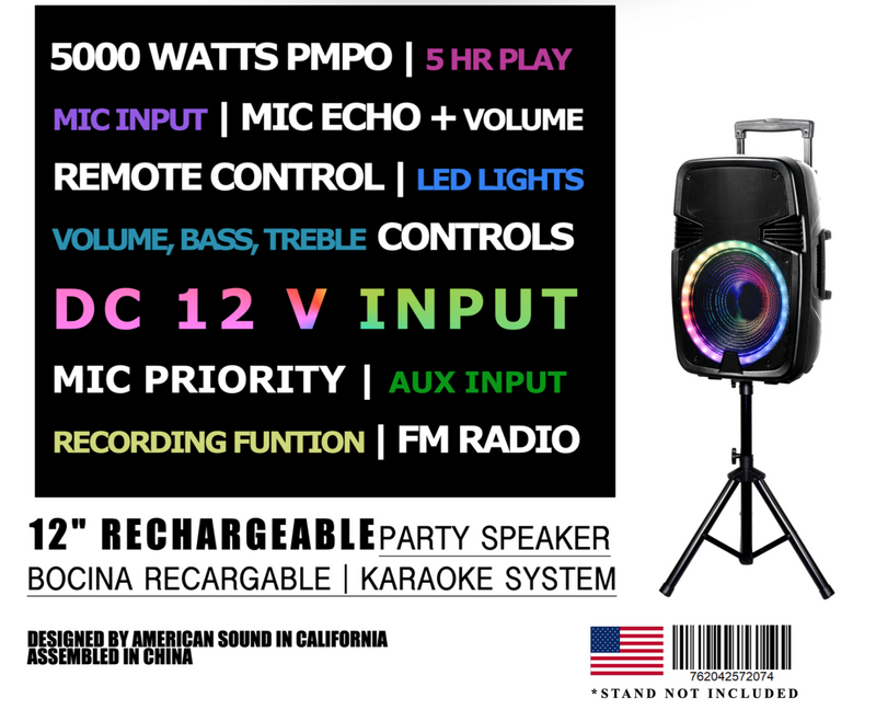5000 WATTS Peak power Rechargeable bluetooth karaoke speaker with wireless MIC + LED lights